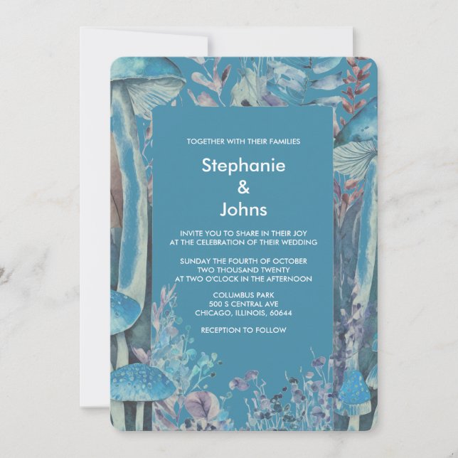 Dusty Blue Abstract Art Woodland Mushroom Wedding Invitation (Front)