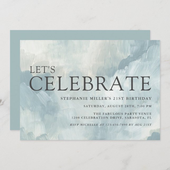 Dusty Blue Abstract Brushstrokes 21st Birthday Invitation (Front/Back)