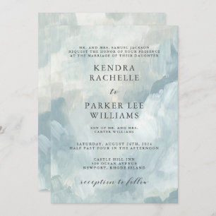 Dusty Blue Abstract Brushstrokes Modern Wedding Invitation