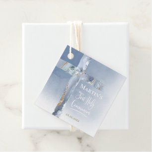 dusty blue agate cross First Communion Favour Tags