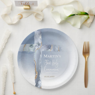 dusty blue agate cross First Communion Paper Plate