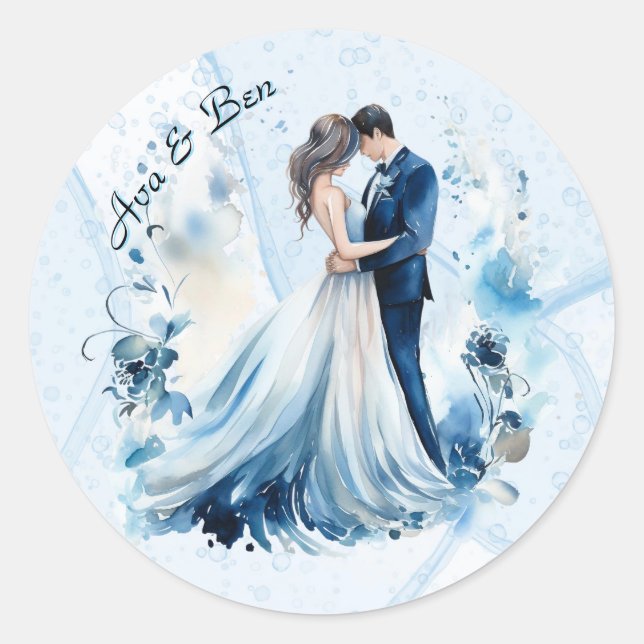 Dusty Blue Alcohol Ink Bride & Groom Wedding Classic Round Sticker (Front)