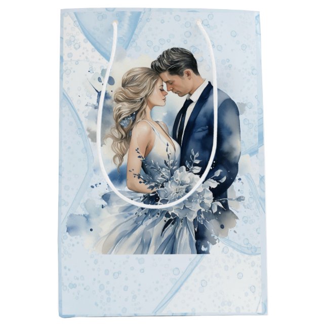 Dusty Blue Alcohol Ink Floral Wedding Medium Gift Bag (Front)