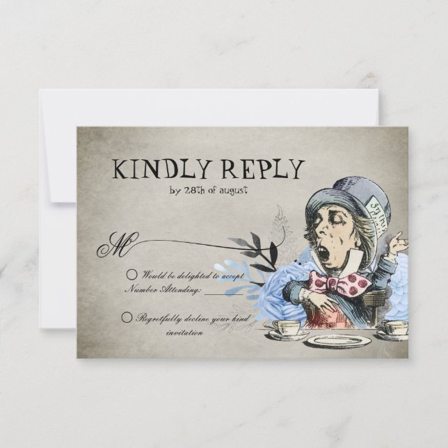 Dusty Blue Alice in Wonderland Mad Hatter Wedding RSVP Card (Front)