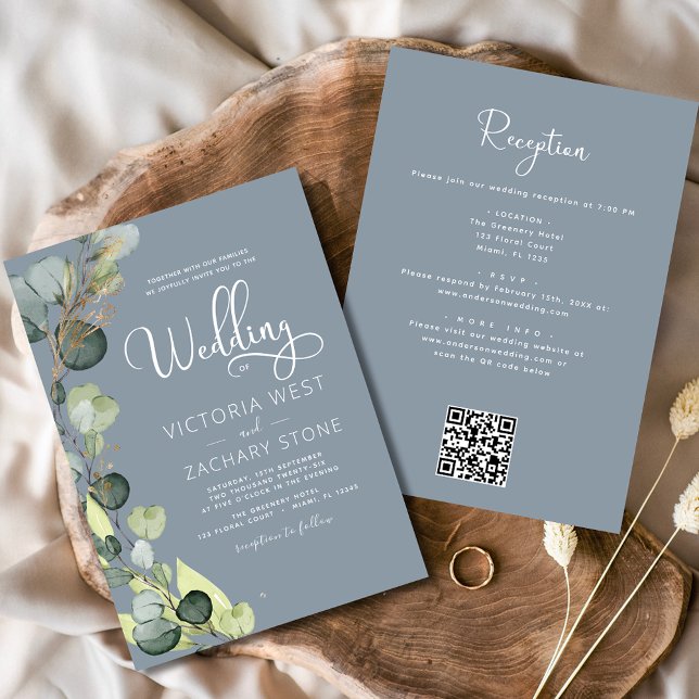 Dusty Blue All in One Eucalyptus QR Code Wedding Invitation (Creator Uploaded)