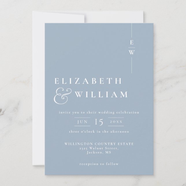 Dusty Blue All In One Modern Monogram Wedding Invitation (Front)