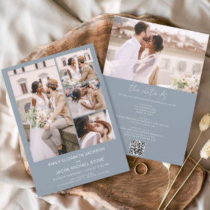 Dusty Blue All In One QR Code Photo Wedding Invitation