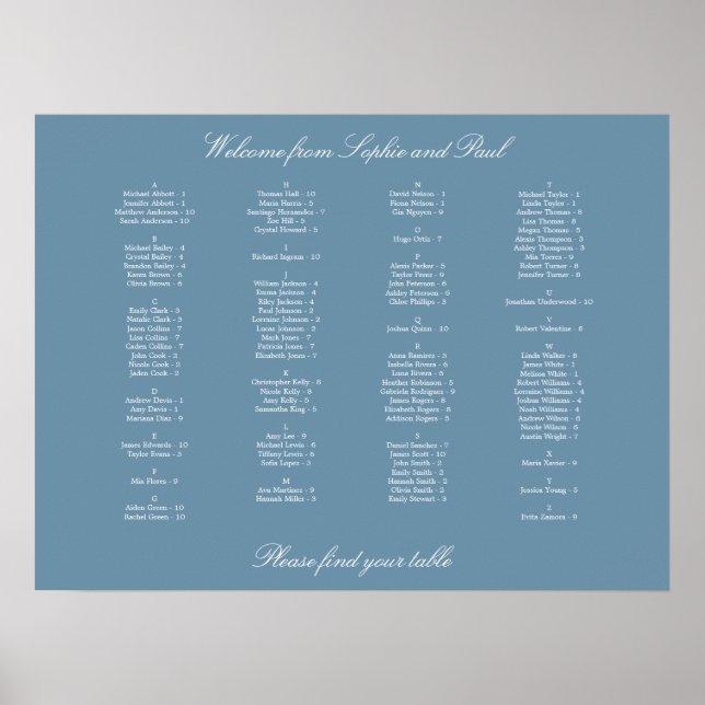 Dusty Blue Alphabetical Seating Chart Poster (Front)