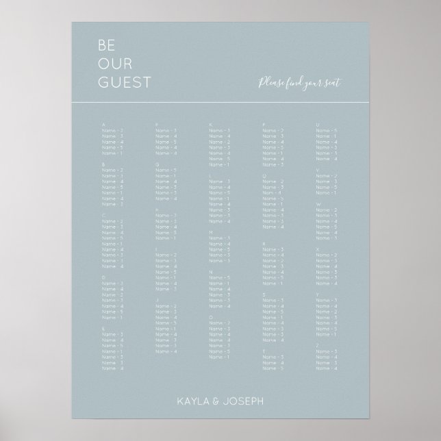 Dusty Blue Alphabetical Wedding Seating Chart (Front)