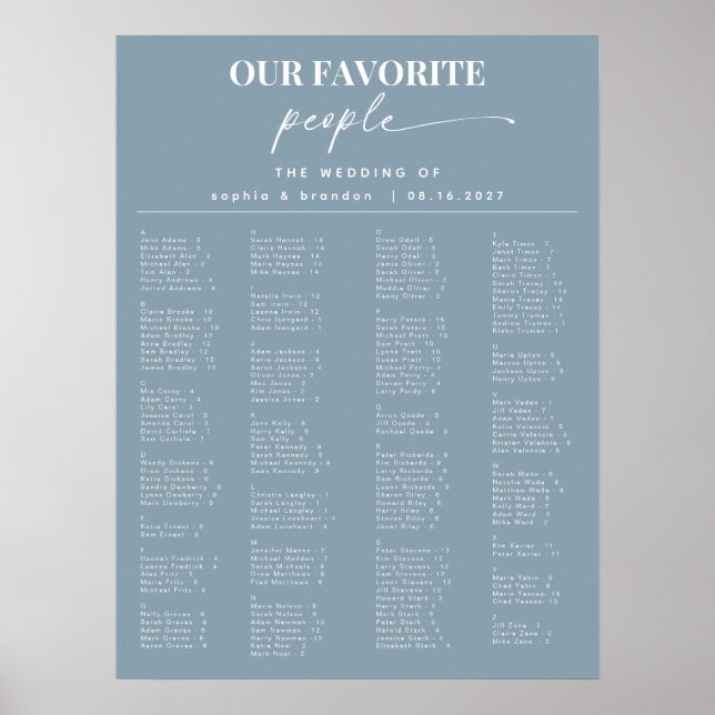 Dusty Blue Alphabetical Wedding Seating Chart (Front)