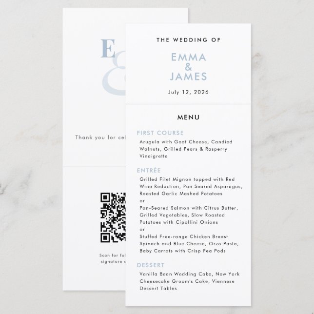 Dusty Blue Ampersand Wedding | QR Code | Elegant Menu (Front/Back)