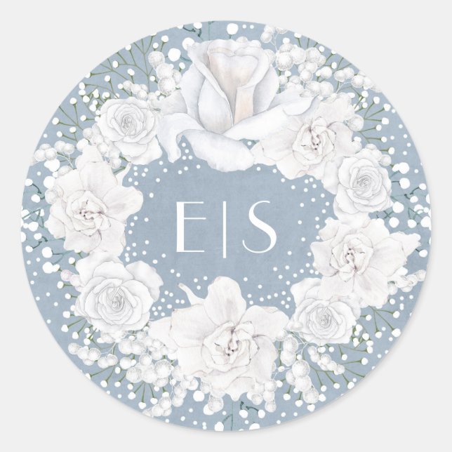 Dusty Blue and Baby's Breath Wedding Classic Round Sticker (Front)