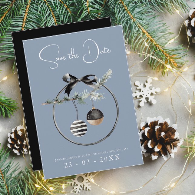 Dusty Blue and Black Christmas Baubles Wedding Save The Date (Creator Uploaded)