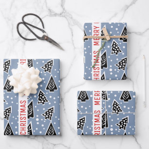 Dusty blue and black Merry Christmas trees holiday Wrapping Paper Sheet