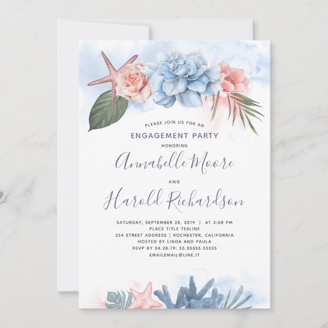Dusty Blue and Blush Beach Engagement Party Invitation (Front)