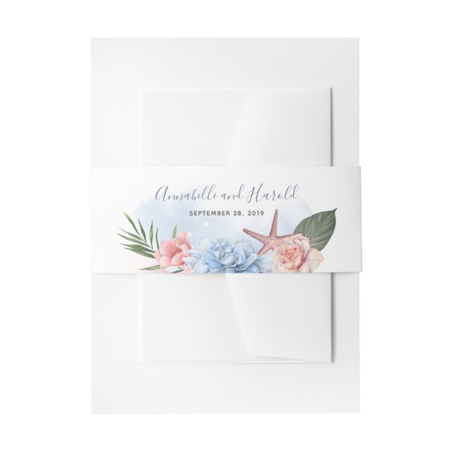 Dusty Blue and Blush Beach Wedding Invitation Belly Band (Front Example)