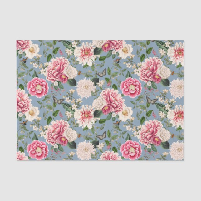 Dusty Blue and Blush Country Floral Pattern Tissue Paper (Front)