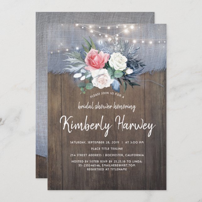 Dusty Blue and Blush Floral Rustic Bridal Shower Invitation (Front/Back)