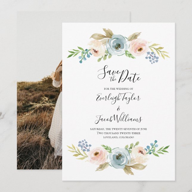 Dusty Blue and Blush Photo Wedding Save the Date (Front/Back)