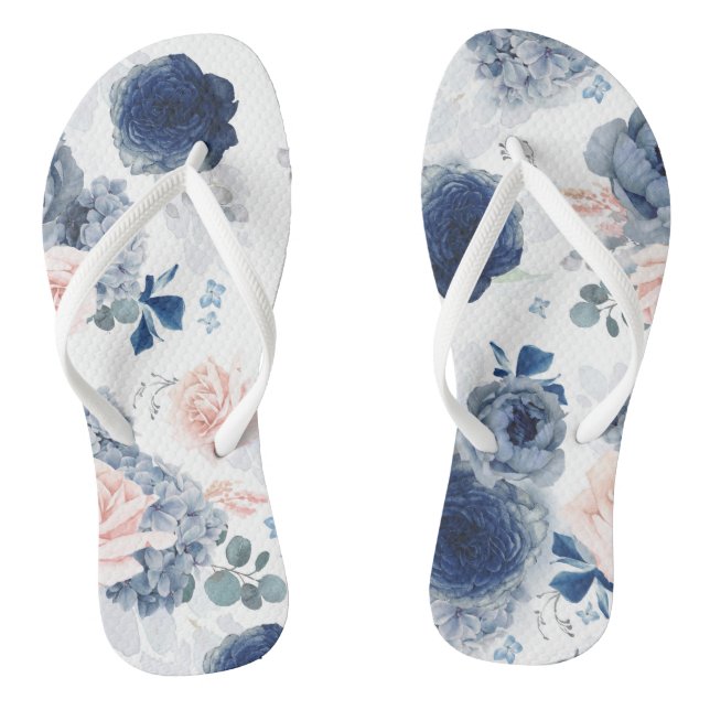 Dusty Blue and Blush Pink Floral Elegant Botanical Thongs (Footbed)