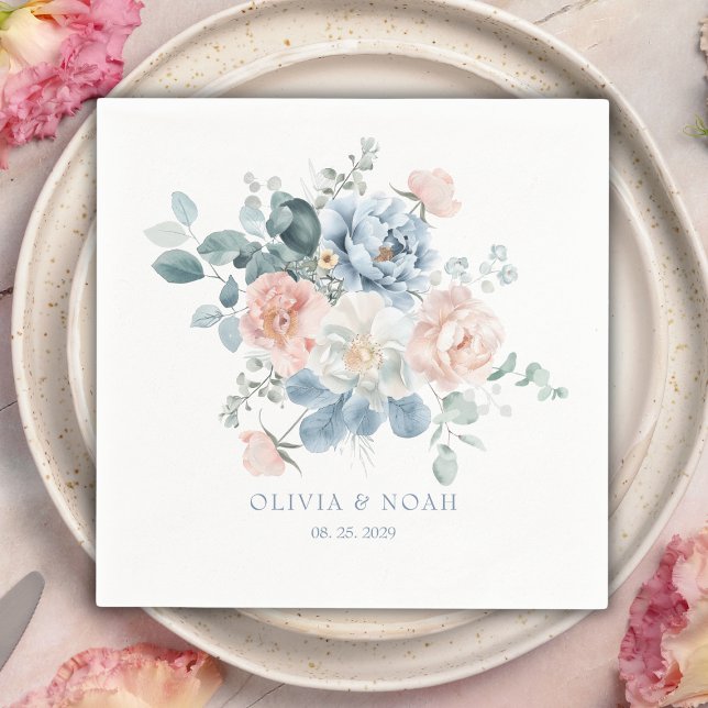Dusty Blue and Blush Pink Floral Garden Wedding Napkin (Creator Uploaded)