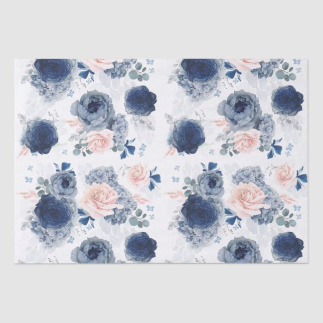 Dusty Blue and Blush Pink Flowers Elegant Tissue Paper (Front)