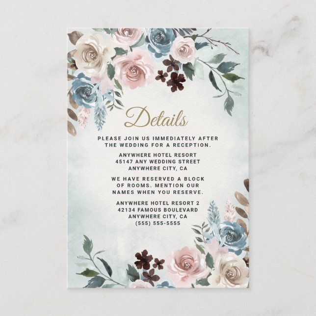Dusty Blue and Blush Pink Mauve Floral Wedding Enclosure Card (Front)