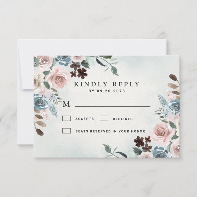 Dusty Blue and Blush Pink Mauve Floral Wedding RSVP Card (Front)