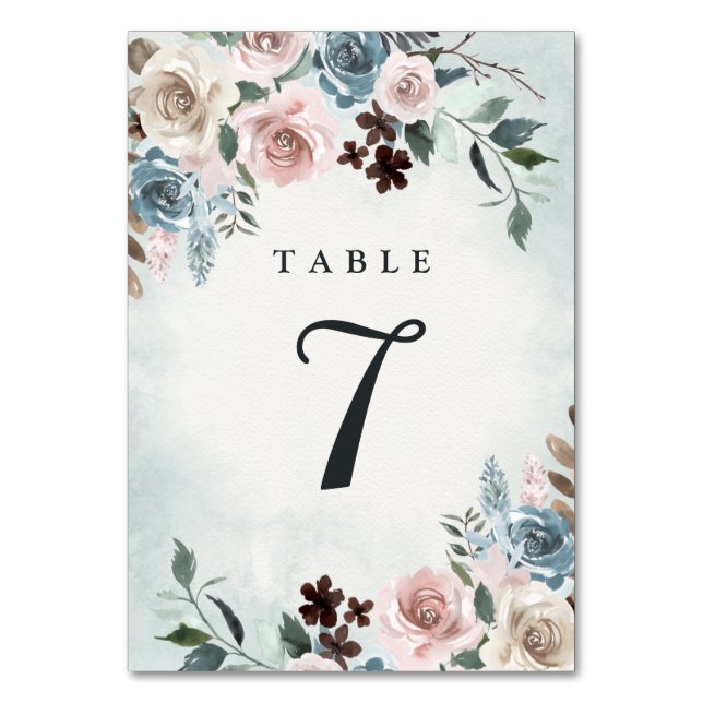 Dusty Blue and Blush Pink Mauve Floral Wedding Table Number (Front)