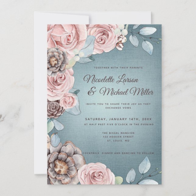 Dusty Blue and Blush Pink Woodland Wedding Invitation (Front)