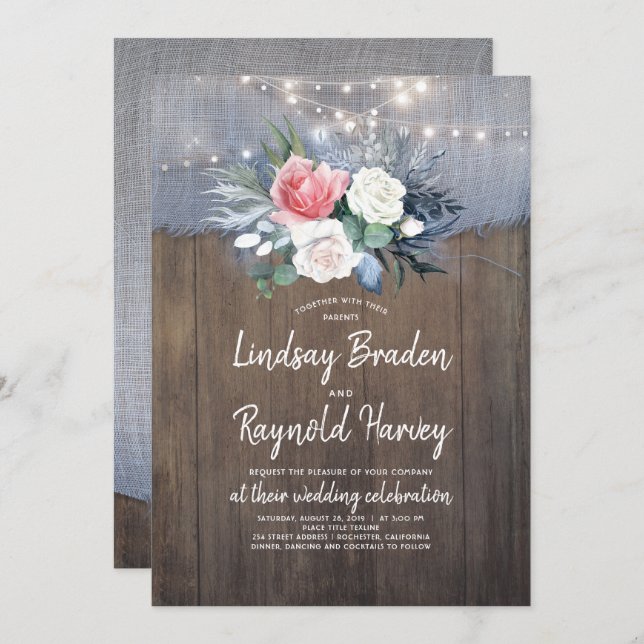 Dusty Blue and Blush Rustic Country Wedding Invitation (Front/Back)