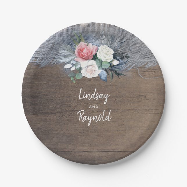Dusty Blue and Blush Rustic Country Wedding Paper Plate (Front)