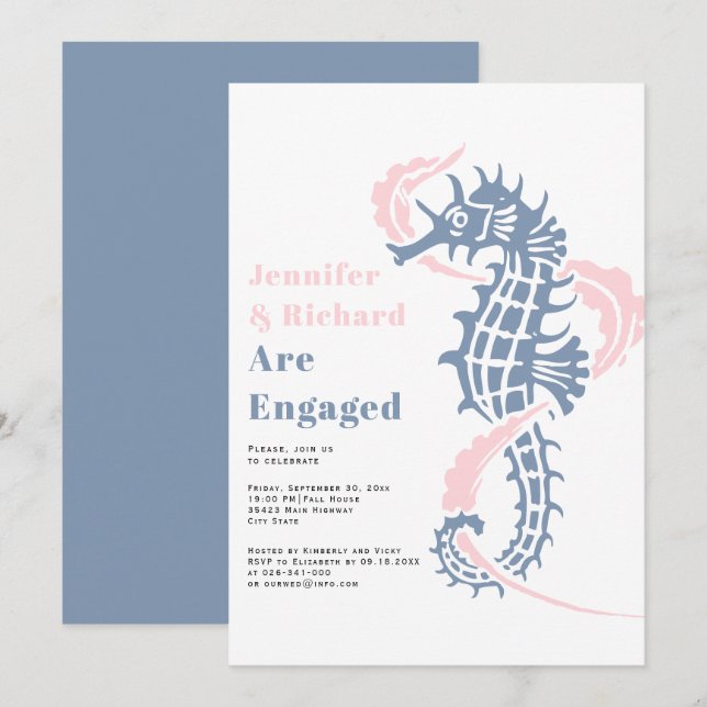 Dusty blue and blush seahorse engagement party invitation (Front/Back)