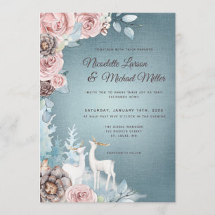 Dusty Blue and Blush Woodland Winter Wedding Invitation