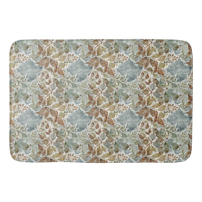 Dusty Blue and Brown Botanical Leaf Bath Mat (Front)