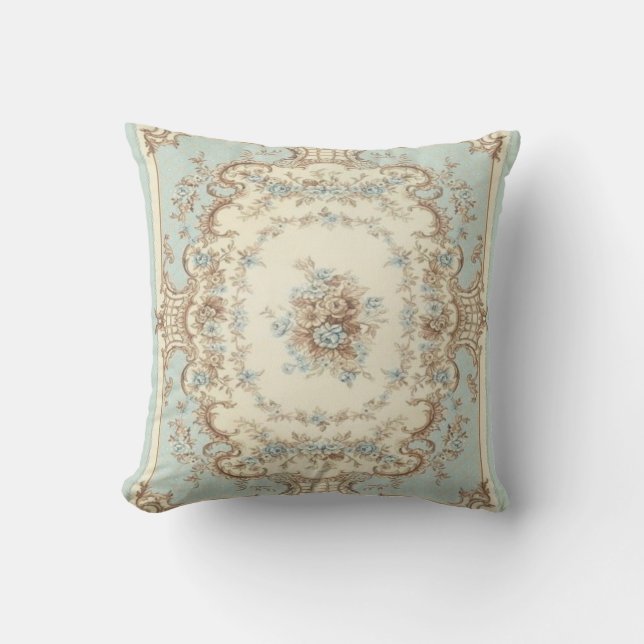 Dusty Blue and Brown Floral Oriental Cushion (Front)