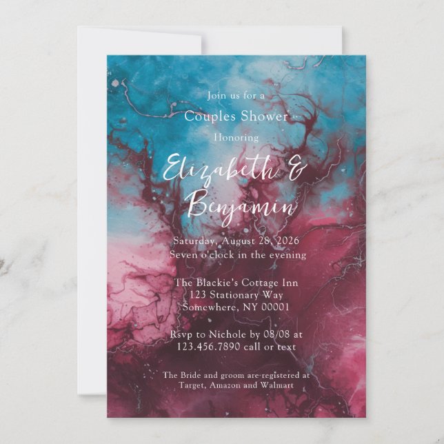 Dusty Blue and Burgundy Alcohol Ink Couples Shower Invitation (Front)