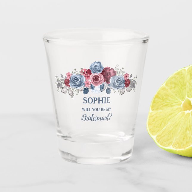 Dusty Blue and Burgundy Be My Bridesmaid? Shot Glass (Front)