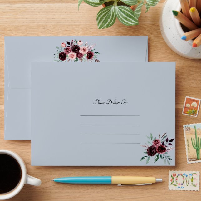 Dusty Blue and Burgundy Country Rustic Wedding Envelope (Desk)