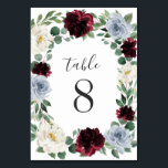Dusty Blue and Burgundy Cranberry Fall Wedding Table Number<br><div class="desc">Dusty Blue and Burgundy Cranberry Fall Wedding Table Number Cards -  feature an elegant eucalyptus and greenery wreath decorated with ivory/white,  dusty blue/slate/steel and burgundy/cranberry flowers. View the matching collection on this page to find coordinating products.</div>
