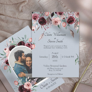 Dusty Blue and Burgundy Floral Photo Arch Wedding Invitation