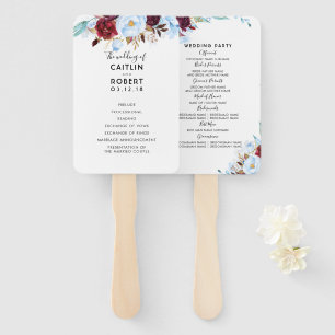 Dusty Blue and Burgundy Floral Wedding Program Hand Fan