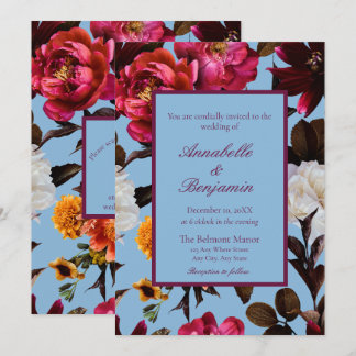 Dusty Blue and Burgundy Floral Wedding QR code Invitation