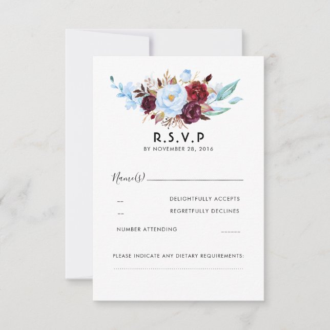 Dusty Blue and Burgundy Floral Wedding RSVP Card (Front)