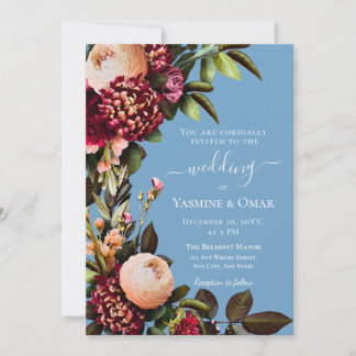 Dusty Blue and Burgundy Floral with QR code Invitation