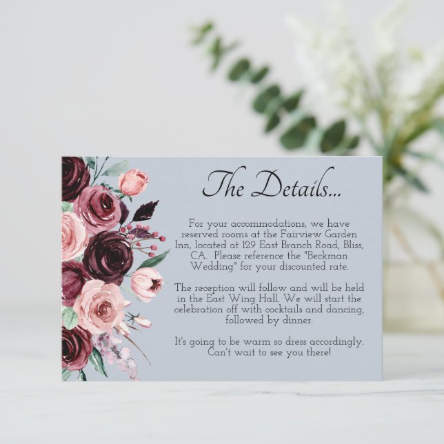 Dusty Blue and Burgundy Flowers Wedding Details Enclosure Card (Standing Front)