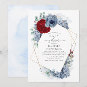 Dusty Blue and Burgundy Red Floral Baby Shower Invitation