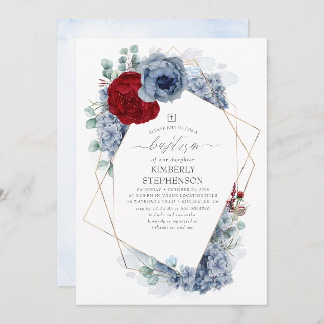 Dusty Blue and Burgundy Red Floral Baptism Invitation (Front/Back)