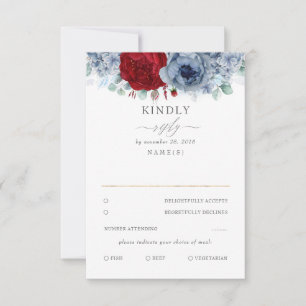 Dusty Blue and Burgundy Red Floral Wedding RSVP Card