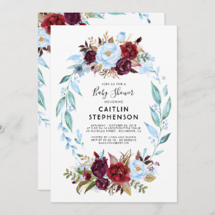 Dusty Blue and Burgundy Red Flowers Baby Shower Invitation
